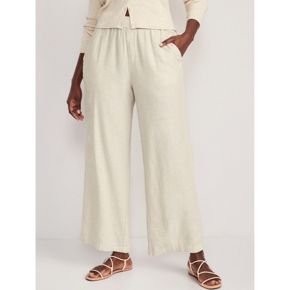 Old Navy High-Waisted Linen-Blend Wide-Leg Ankle Pants Women's Size 2X Beige - Picture 1 of 12
